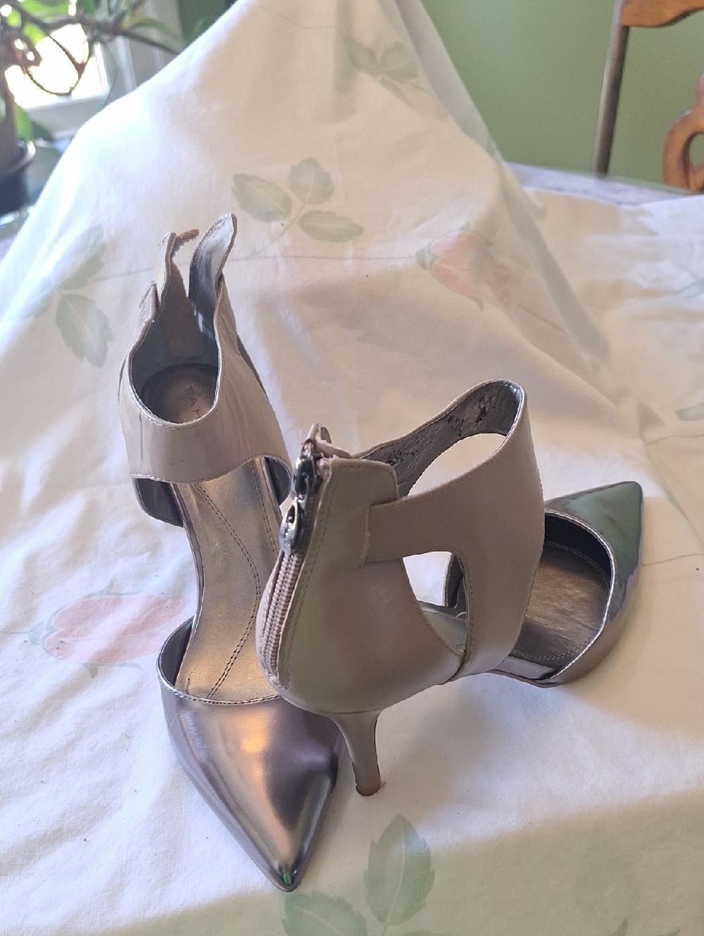 Tahari Metallic Pointed-Toe Cutout Heels in Silver